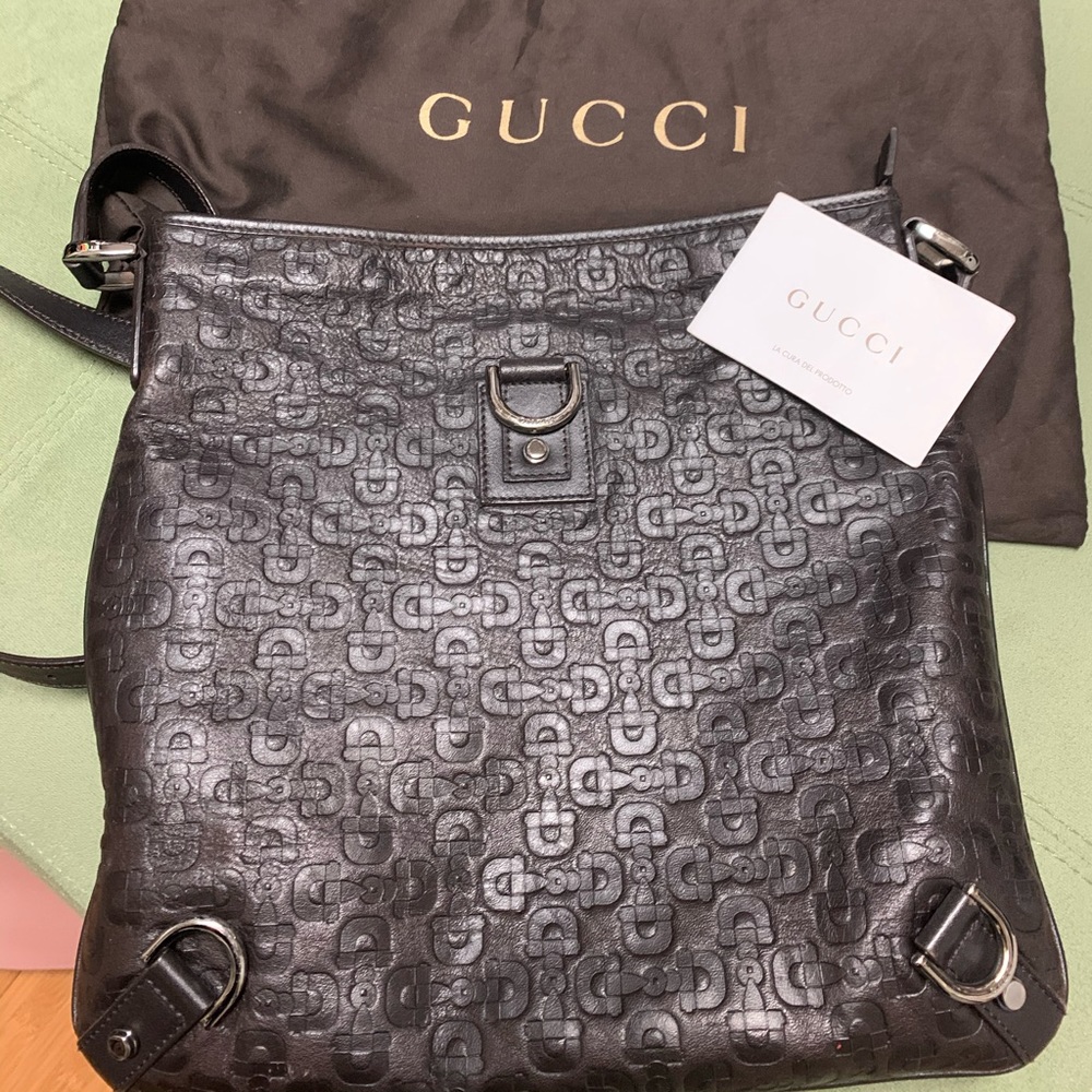 Gucci brown leather monogrammed crossbody bag